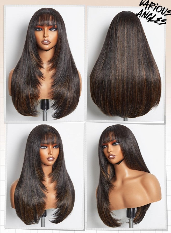 GORGIUS Highlight Straight Layered Wigs with Bangs Glueless Black Mixed Brown Wig 22 Inch Put On Go Wigs Crafted with Style-Archive Premium Fiber Natural Hairline - Image 4